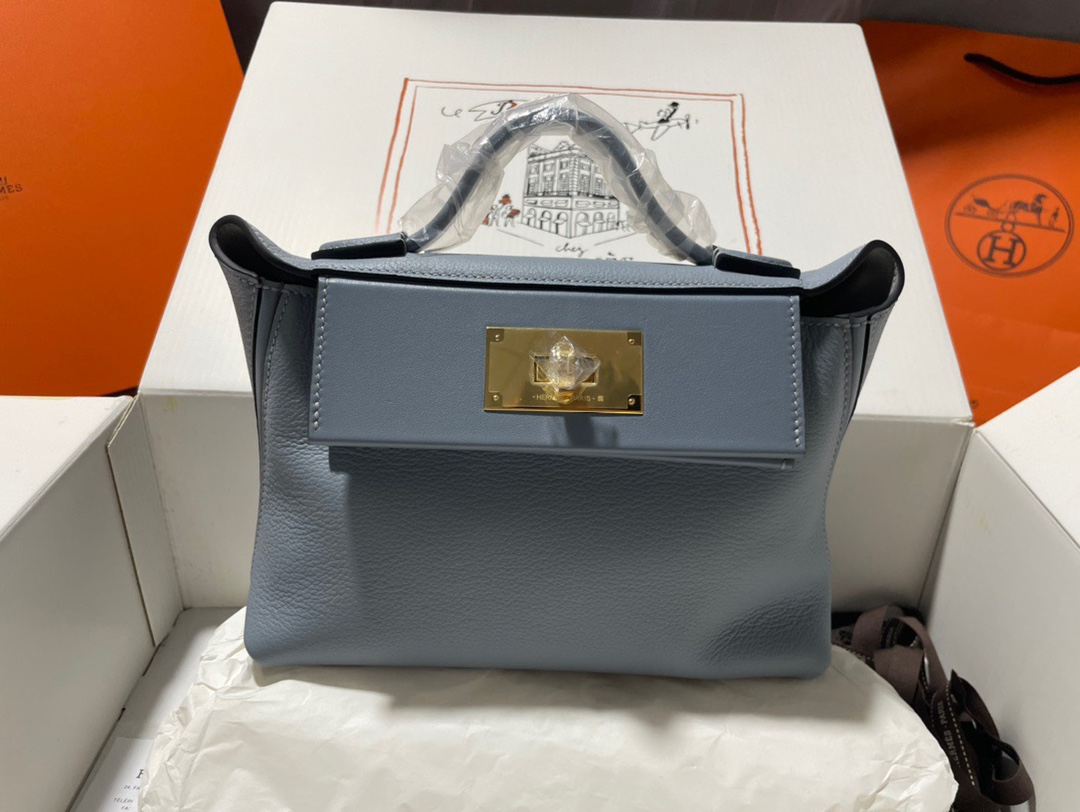 Hermes Kelly 2424 29cm Handbag in Blue Lin Clemence Leather 